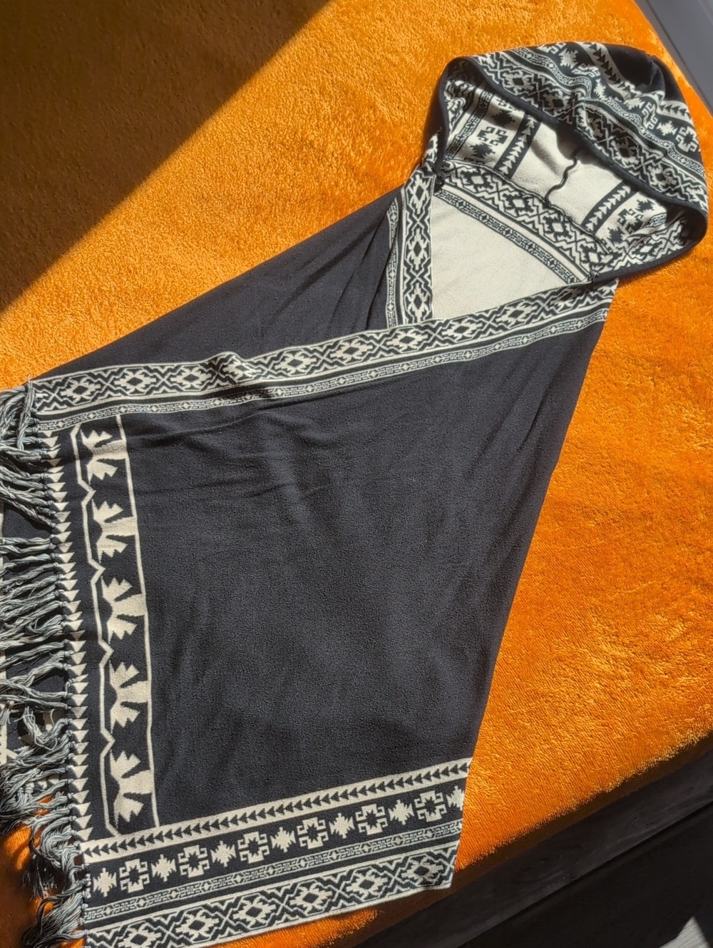 Hooded Black & Cream Geometric Fringe Poncho